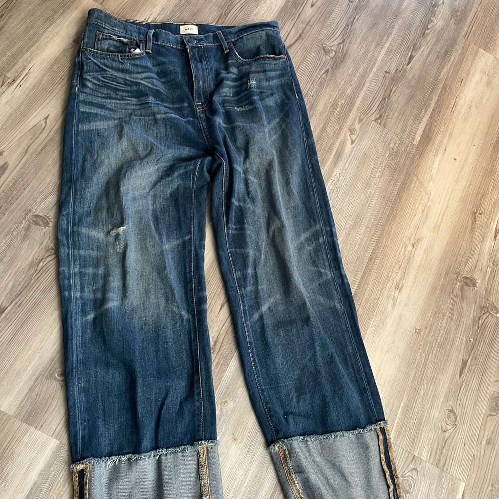 ABLE The Cuffed Jeans Size 29 Wide Leg Boyfriend Distressed Wash NWOT
